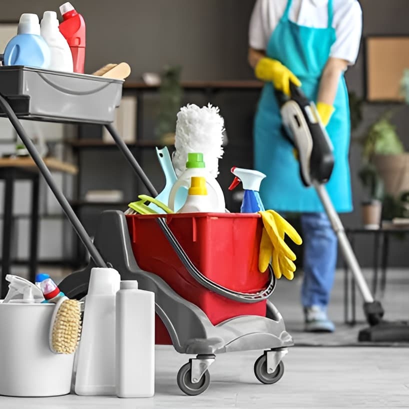 Schoonmaakwagen met materialen voor kantoorschoonmaak